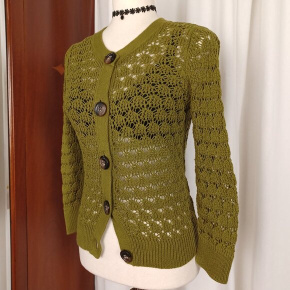 Vintage 100% Cotton Pointelle Knit Cardigan, Olive Green, XS/S - Picture 5 of 8